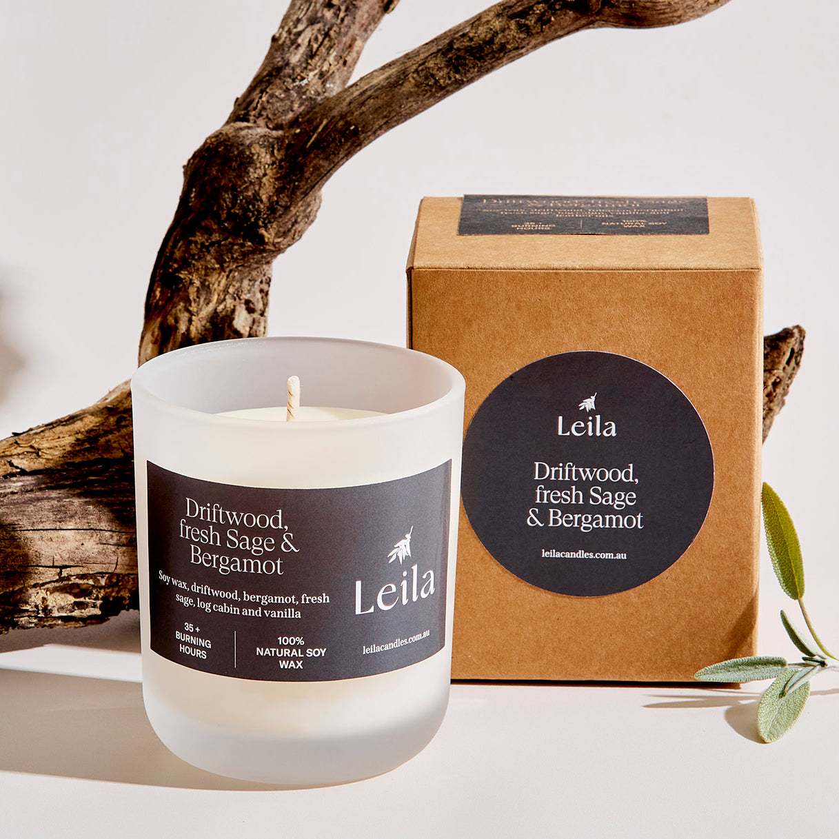 DRIFTWOOD, FRESH SAGE & BERGAMOT MEDIUM FROSTED CANDLE